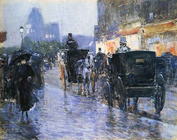 Horse Drawn Cabs at Evening, New York Oil Painting by Childe Hassam