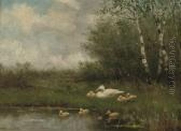 Ducks By A Pond Oil Painting by David Adolf Constant Artz
