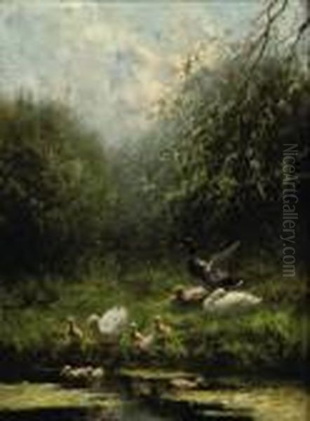 Ducks Entering The Pond Oil Painting by David Adolf Constant Artz