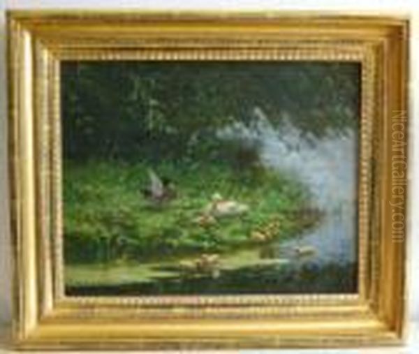 Uferboschung. Entenpaar Mit 
Sechs Kuken. Im Hintergrund Buschwerk. Unten Links Signiert Constant L. 
Artz Oil Painting by David Adolf Constant Artz