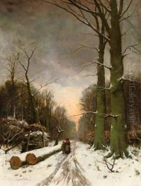 In A Snow-covered Forest At Sunset Oil Painting by David Adolf Constant Artz