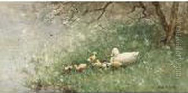 A Duck With Ducklings On The Banks Of A Pond Oil Painting by David Adolf Constant Artz