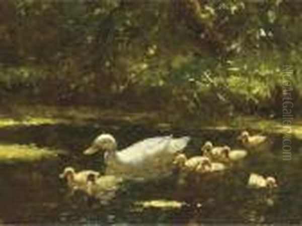 A Duck Wih Her Ducklings Oil Painting by David Adolf Constant Artz