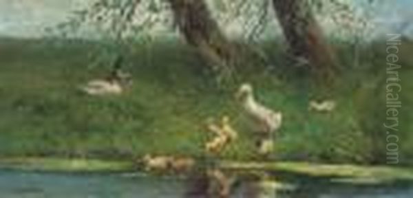 Ducks And Ducklings On A River Bank Oil Painting by David Adolf Constant Artz