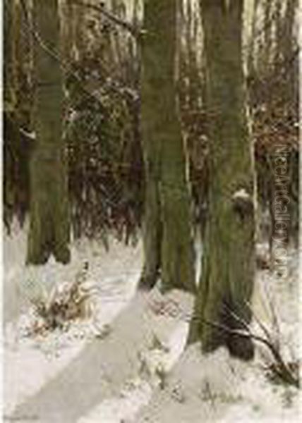 Trees In A Winter Landscape Oil Painting by David Adolf Constant Artz