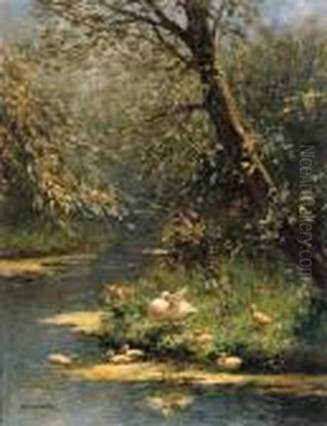 A Duck And Ducklings On A Sunlit Riverbank Oil Painting by David Adolf Constant Artz