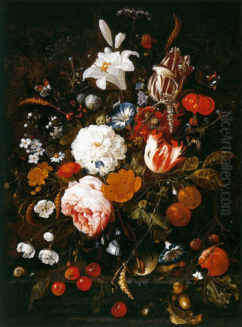 Still-Life with Flowers in a Glass Vase and Fruit Oil Painting by Jan Davidsz. De Heem