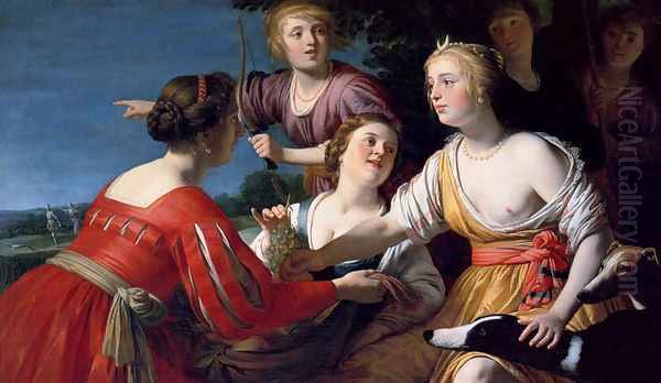 Diana Resting After The Hunt, With Shepherdesses And Two Greyhounds, A Landscape Beyond Oil Painting by Gerrit Van Honthorst