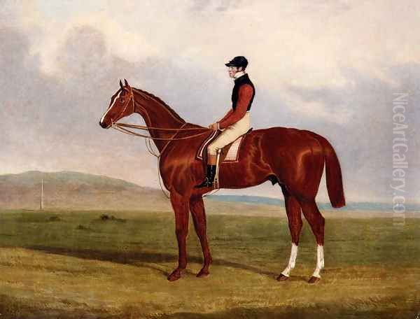 Elis, A Chestnut Racehorse With John Day Up Waering The Colours Of Lord Lichfield, A Racehorse Beynd Oil Painting by John Frederick Herring Snr