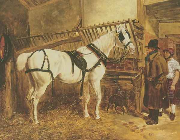 St. Giles Grey Coach Horse in Stable with Grooms Oil Painting by John Frederick Herring Snr