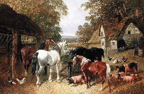 Four Horses, Pigs and Poultry in a Farmyard Oil Painting by John Frederick Herring Snr