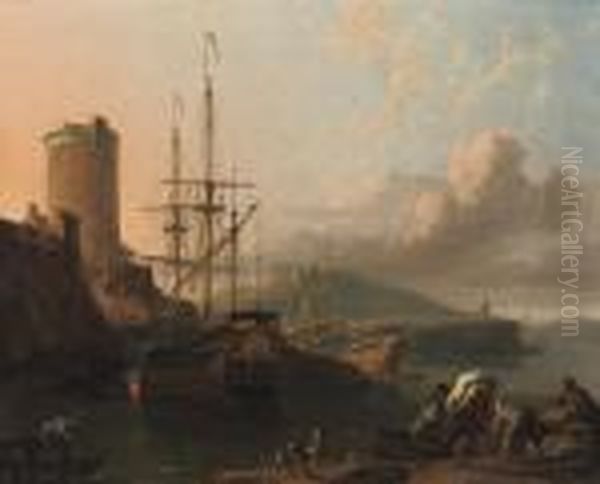 A Mediterranean Coastal Scene At
 Sunset With A Royal Yacht Beingcaulked, A Tower By A Fort Nearby, 
Sailors Unloading Cargo In Theforeground Oil Painting by Ludolf Backhuysen