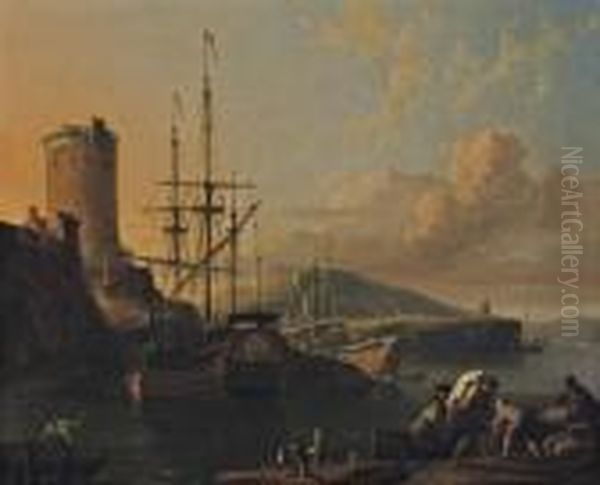 A Mediterranean Coastal Scene At
 Sunset With A Royal Yacht Being Caulked, A Tower By A Fort Nearby, 
Sailors Unloading Cargo In The Foreground Oil Painting by Ludolf Backhuysen
