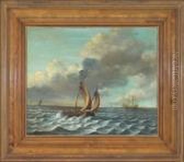 Vorn Ein Nach Rechts Segelndes 
Fischerboot Mit Drei Insassen, Rechts Im Mittelgrund Ein Nach Rechts 
Segelndes Kriegsschiff, Im Hintergrund Vier Weitere Schife Oil Painting by Ludolf Backhuysen