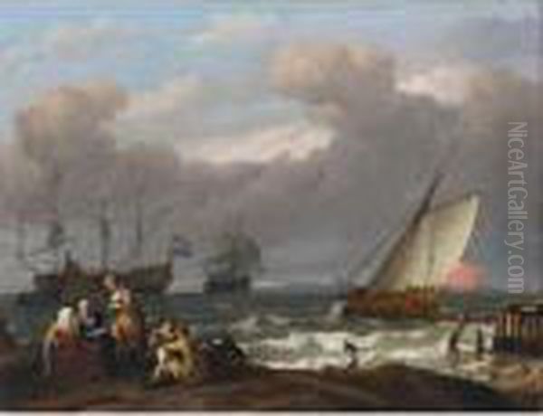 An English Royal Yacht Leaving 
Harbour In Choppy Seas With Two Dutch Men-o'war Beyond And A Fisherman's
 Family With Two Dogs On The Shore In The Foreground Oil Painting by Ludolf Backhuysen
