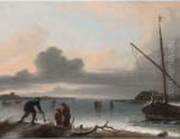 A Winter Landscape With Figures 
Skating And Playing Golf On A Frozen Lake, A Horse-drawn Sleigh, A Man 
Pushing A Sleigh With Two Other Figures In The Foreground, And A Barge 
To The Right Oil Painting by Ludolf Backhuysen