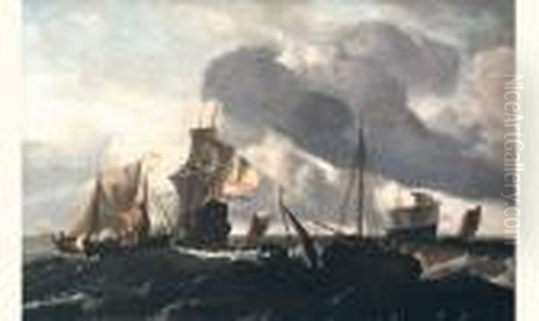 Bateau De Guerre Hollandais Et Autres Bateaux Sur Une Mer Agitee Oil Painting by Ludolf Backhuysen