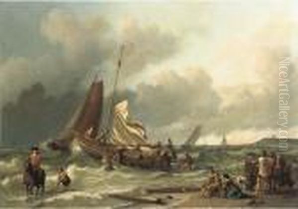 A Dutch Fishing Boat In A Squall
 With An Elegant Man On Horsebackin The Shallow Tide, Other Fishing 
Vessels Beyond Oil Painting by Ludolf Backhuysen