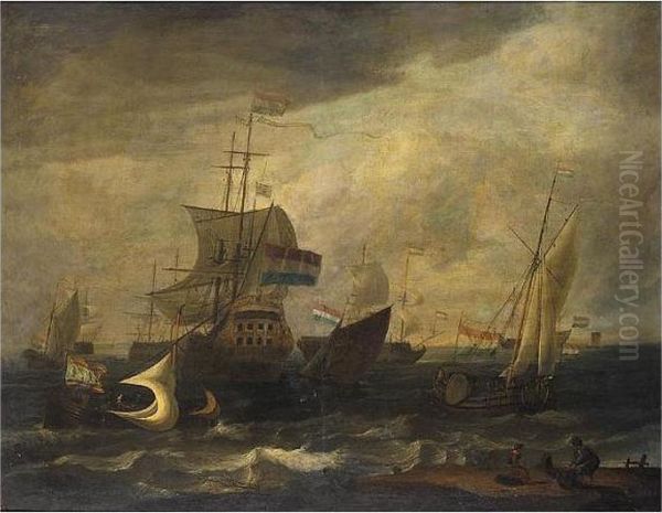 Dutch Shipping In A Moderate 
Wind, With A Fisherman And His Wife Preparing Their Nets On The Beach In
 The Foreground Oil Painting by Ludolf Backhuysen