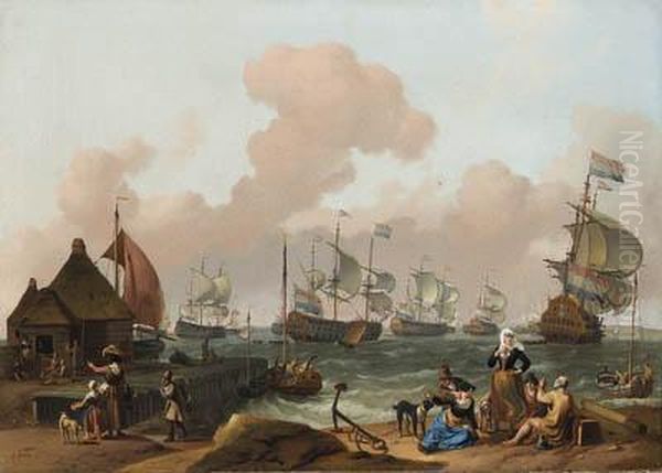 Coastal Scene With The Dutch Fleet Under Way, Peasants By A Jettyin The Foreground Oil Painting by Ludolf Backhuysen
