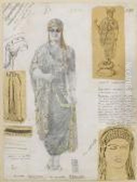 Costume Design For Artemis In Oil Painting by Leon Samoilovitch Bakst