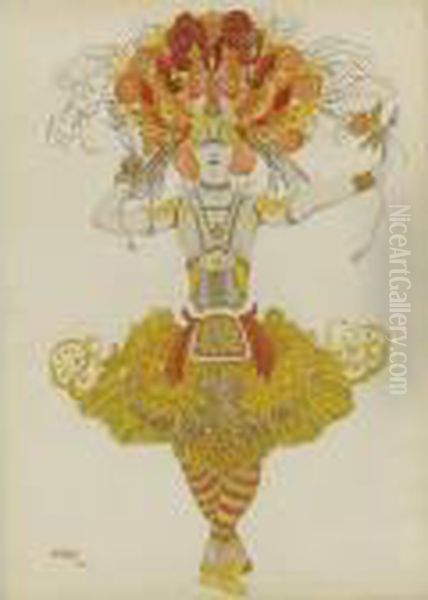 Costume Design For 
Firebird Oil Painting by Leon Samoilovitch Bakst