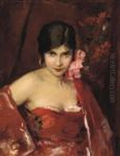 A Young Woman In A Red Shawl Oil Painting by Leon Samoilovitch Bakst