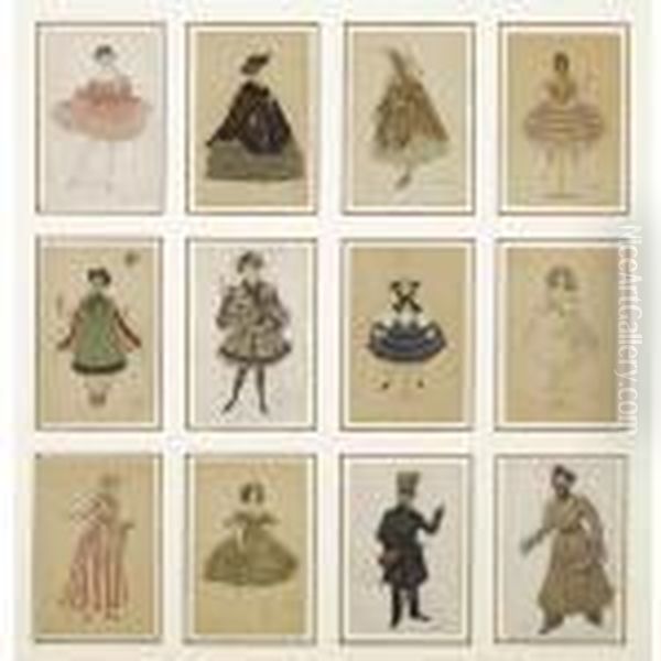 Twelve Postcards Of Costume Designs From The Ballet 'la Fee De Poupees' Oil Painting by Leon Samoilovitch Bakst