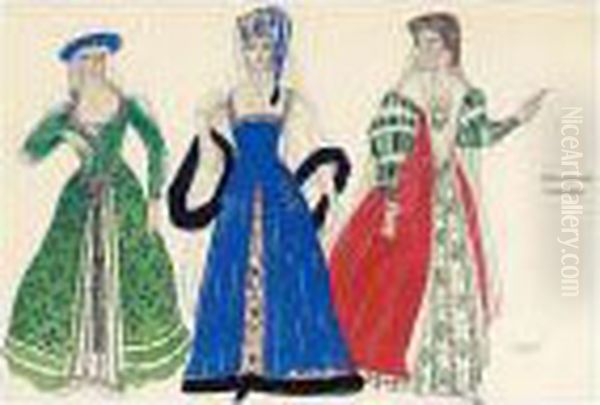 A Costume Design For Three Polish Ladies From 'boris Godunov' Oil Painting by Leon Samoilovitch Bakst