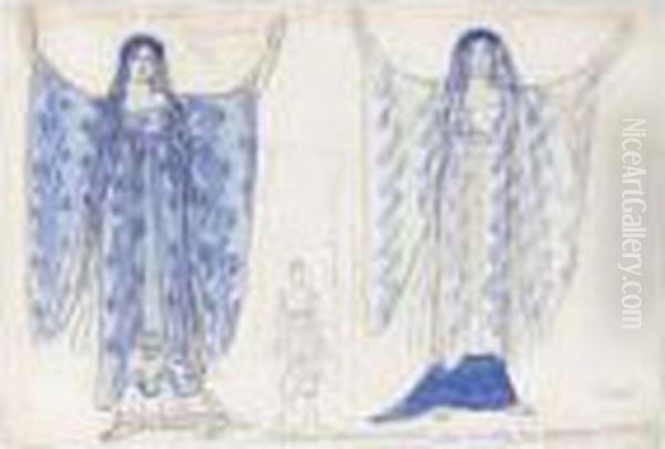 Costume Design For Two Girls With Shawls In Phaedre Oil Painting by Leon Samoilovitch Bakst