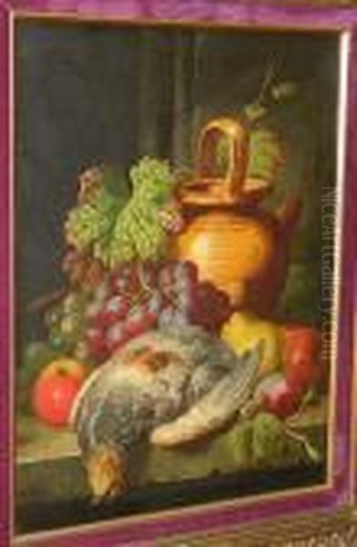 Black And Green Grapes, Apples, 
Pear, Plum, Partridge And Water Jug On Stone Ledge, Signed 'c.t. Bale', 
Oil On Canvas Oil Painting by Charles Thomas Bale