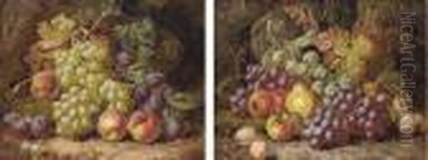 Grapes, Peaches And Plums On A 
Mossy Bank; And Grapes, Apples,plums And A Pear On A Mossy Bank Oil Painting by Charles Thomas Bale