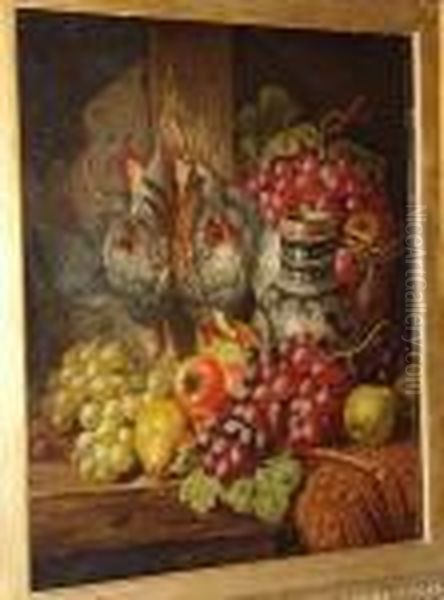 Green And Red Grapes, Pears, 
Apples, A Tankard And A Brace Of Partridge On A Wooden Shelf Oil Painting by Charles Thomas Bale