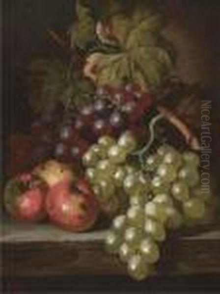 Grapes And Apples On A Wooden 
Ledge; And Grapes, Peaches, A Plum,and A Squash, On A Stone Ledge Oil Painting by Charles Thomas Bale