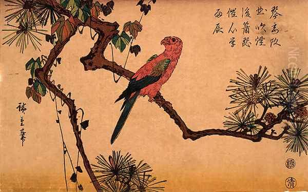 Bird on a Tree Oil Painting by Utagawa or Ando Hiroshige