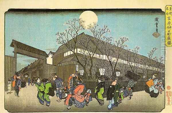 Famous Sights in the Eastern Capital- Cherry Blossom in the Evening on the Nakanomachi in Yoshiwara, Oil Painting by Utagawa or Ando Hiroshige