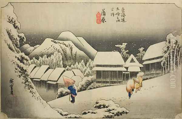 Kanbara, Evening Snow Oil Painting by Utagawa or Ando Hiroshige