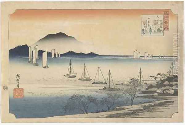 Sailboats Returning to Yabase Edo period Oil Painting by Utagawa or Ando Hiroshige