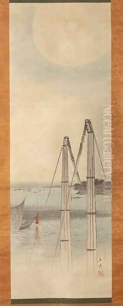 Fishing Boats at Tsukuda Island, Edo Oil Painting by Utagawa or Ando Hiroshige