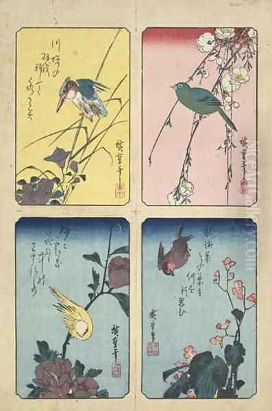 Four Bird and Flower Prints Edo period Oil Painting by Utagawa or Ando Hiroshige