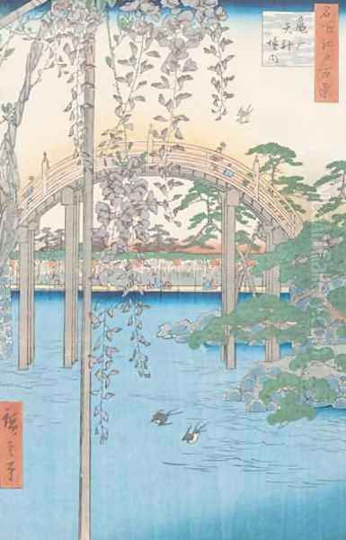 The Bridge with Wisteria or Kameido Tenjin Keidai plate 57 from 100 Views of Edo Oil Painting by Utagawa or Ando Hiroshige