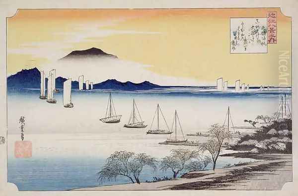 Returning Sails at Yabase from the series 8 views of Omi Oil Painting by Utagawa or Ando Hiroshige