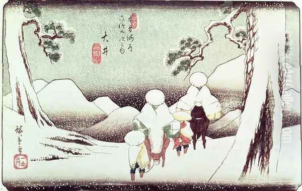 Travellers in the Snow at Oi from the series 69 Stations of Kisokaido Oil Painting by Utagawa or Ando Hiroshige