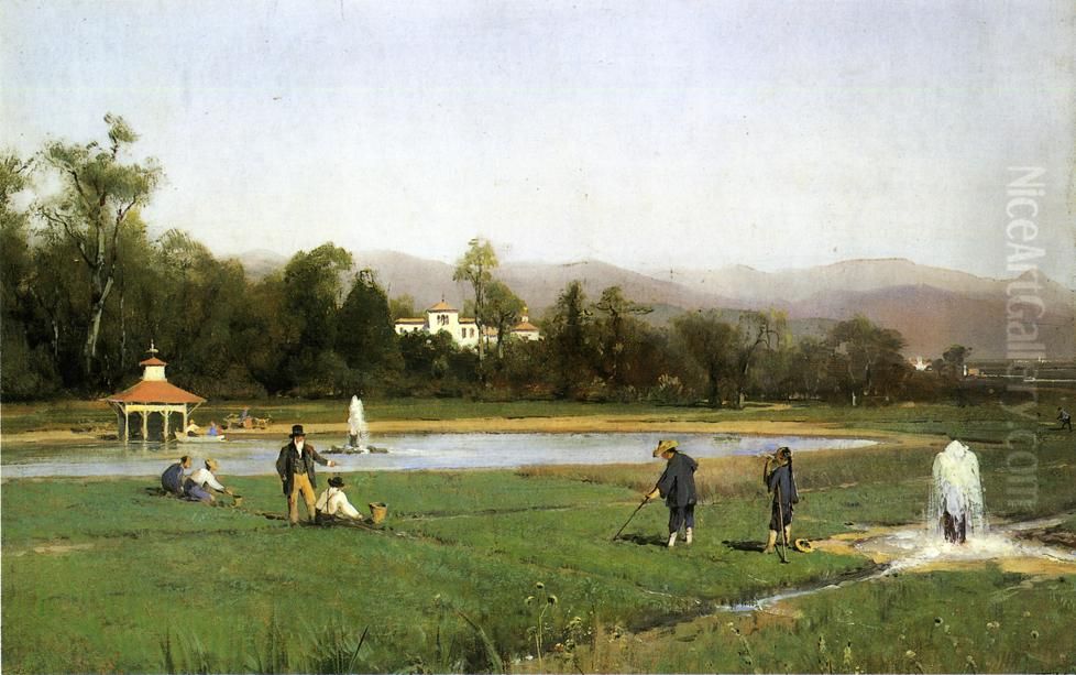 Irrigating at Strawberry Farm Oil Painting by Thomas Hill