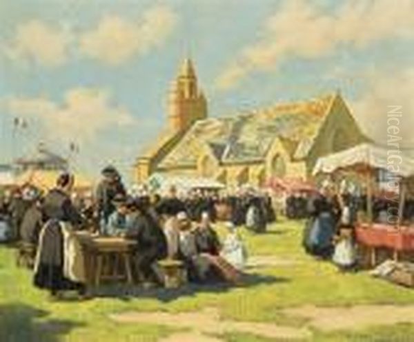 French Market Scene Oil Painting by Henri Alphonse Barnoin