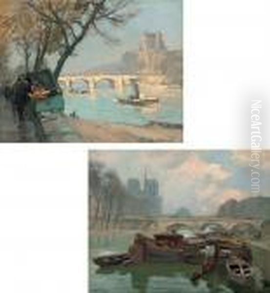 Pont Royal A Paris; And Pont St Michel Oil Painting by Henri Alphonse Barnoin