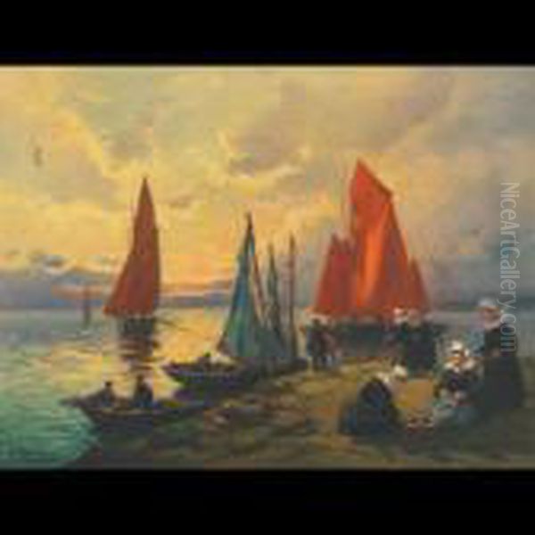 Marine Fin De Journee, Dournenez Oil Painting by Henri Alphonse Barnoin