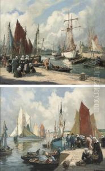 Unloading The Catch, Concarneau; And On The Quay, Concarneau Oil Painting by Henri Alphonse Barnoin
