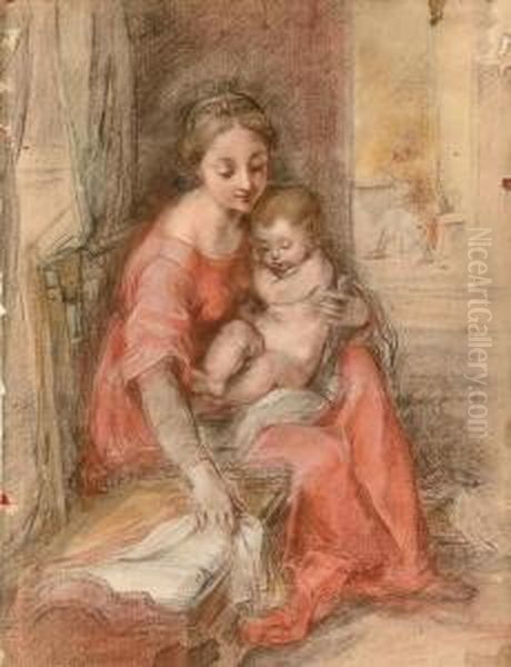 The Madonna And Child Beside A 
Crib In An Interior, Saint Josephseen Reading Through A Doorway To The 
Right Oil Painting by Federico Fiori Barocci