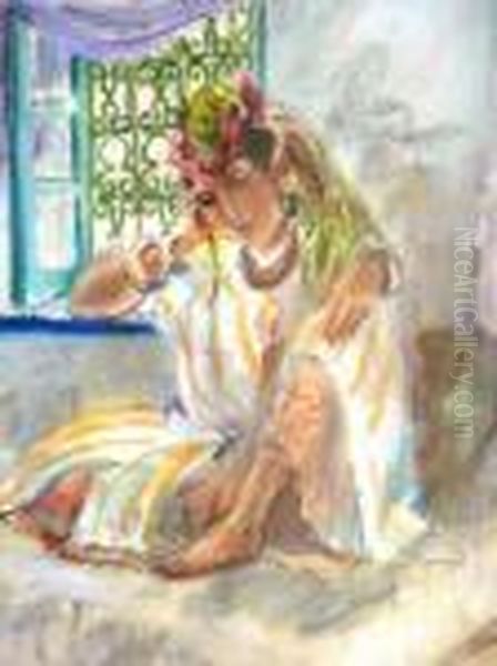 North African Woman Seated In An Interior Oil Painting by Maurice Barraud